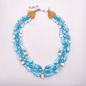 Vintage Trifari 3 Strand Gold Tone & Aqua Blue Glass Beads Statement Necklace